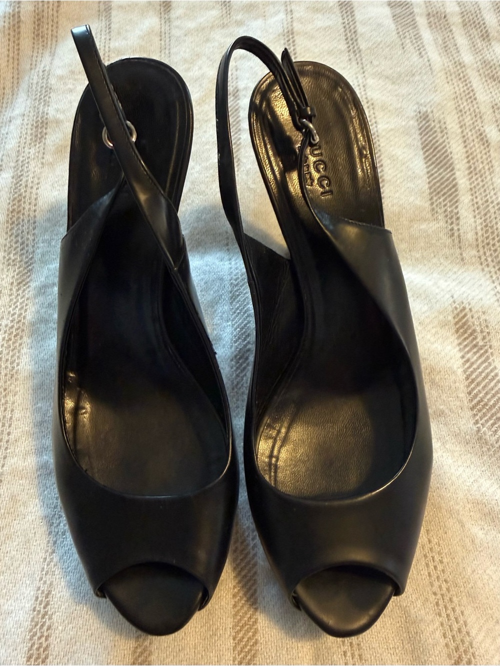 Gucci Black Leather Peep-Toe Slingback Heels